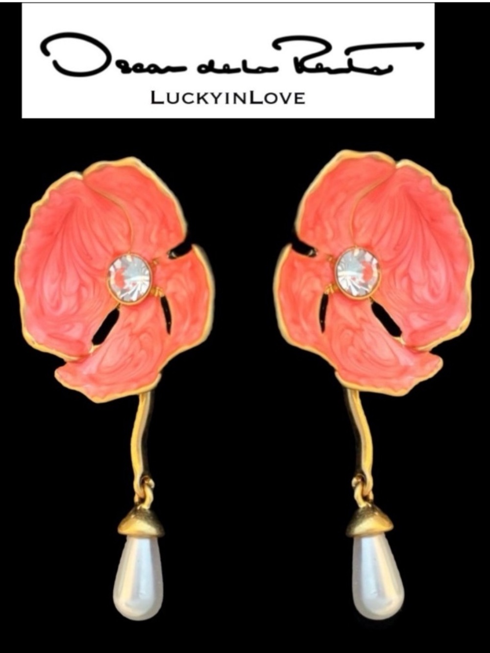 Oscar de la Renta • Enamel Poppy Flower Pearl Drop Earrings